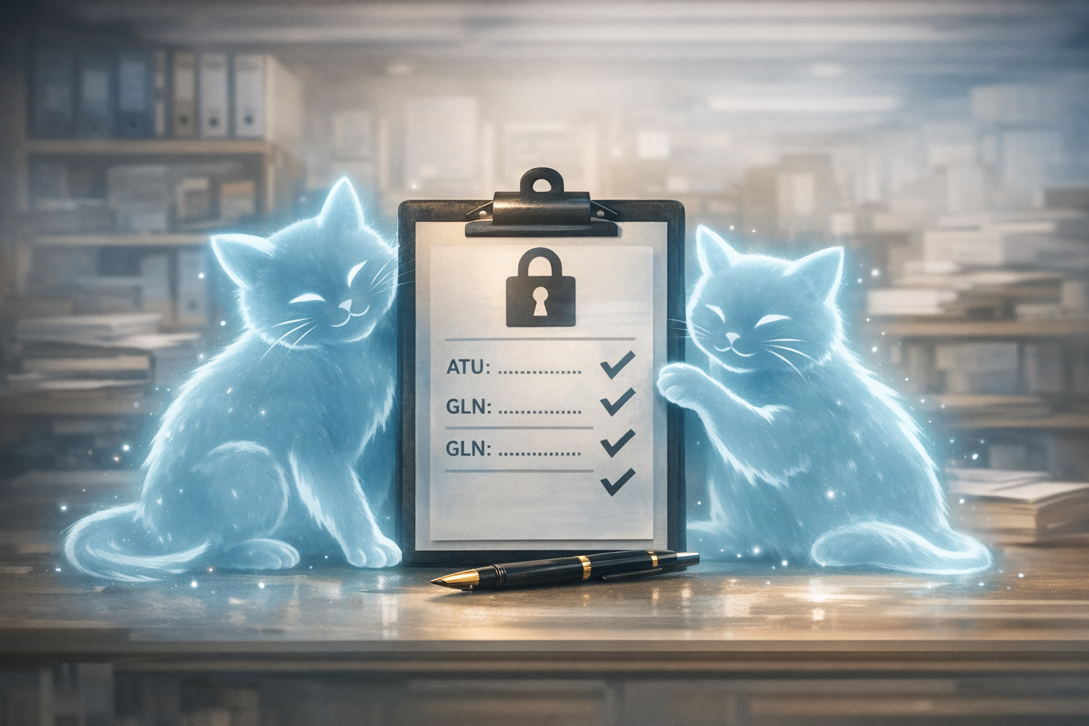 Zwei leuchtende Catspirit‑Silhouetten flankieren ein Klemmbrett mit Symbolen für Unternehmensdaten und Sicherheit – ruhige, klare Darstellung für das HOLZKATER‑Impressum.