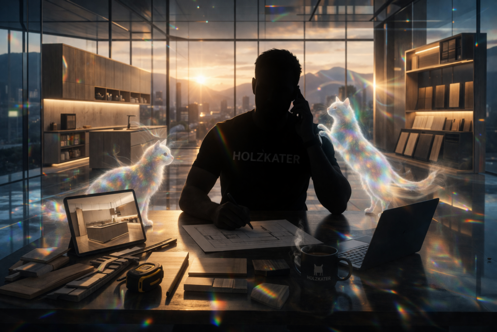 holzkater an seinem schreibtisch voller tischler technischer zeichnungs utensilien. laptop, 3d programm, smartphone, spiritcats.