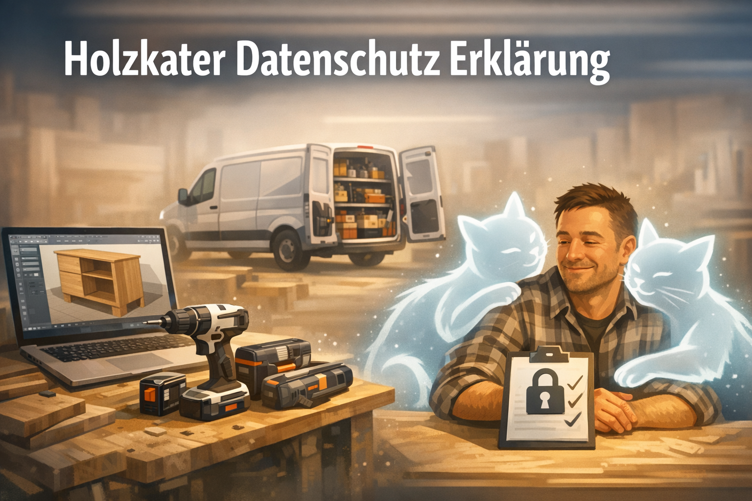Das Bild zeigt eine moderne Tischler‑Szene: Links steht ein Laptop mit einem 3D‑Modell eines Holzprojekts, umgeben von zeitgemäßem Tischlerequipment wie Akkuschrauber und Lasermessgerät. Rechts sitzt ein Kunde an einem Beratungstisch, während zwei leuchtende, sanfte Catspirit‑Silhouetten ihn beruhigend flankieren – eine schmiegt sich an seine Schulter, die andere legt eine Pfote auf seinen Arm. Im Hintergrund steht ein Werkzeuglieferwagen mit geöffneten Türen. Die Stimmung vermittelt Sicherheit, Wärme und professionelle Begleitung.